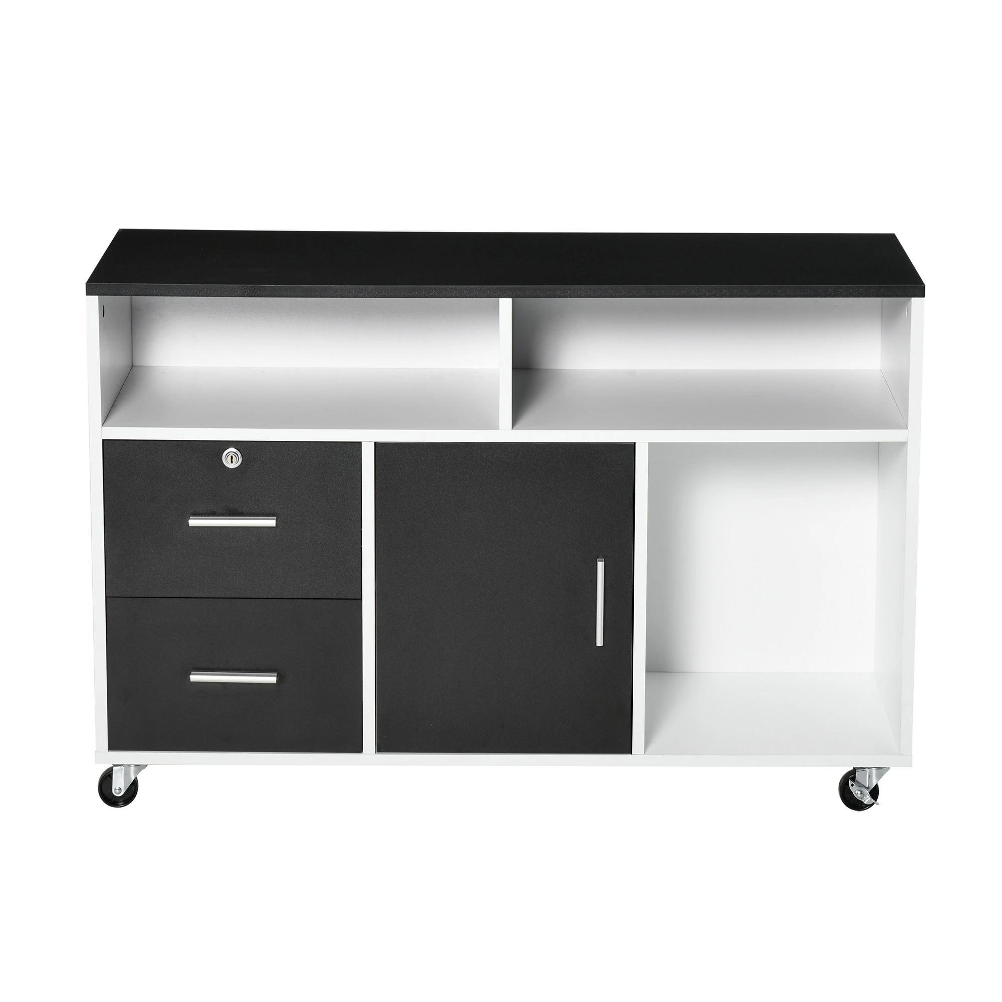 Móvel Auxiliar de Escritório Móvel Arquivador com Rodas Prateleiras Gaveta e Armário Multiuso com Grande Armazenamento 100x35x65cm Preto e Branco