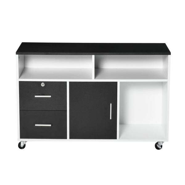Móvel Auxiliar de Escritório Móvel Arquivador com Rodas Prateleiras Gaveta e Armário Multiuso com Grande Armazenamento 100x35x65cm Preto e Branco