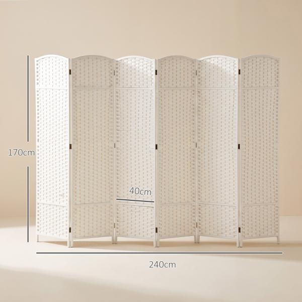 Biombo de 6 Painéis Separador de Ambientes Dobrável 240x170 cm para Sala de Estar Dormitório Escritório Branco