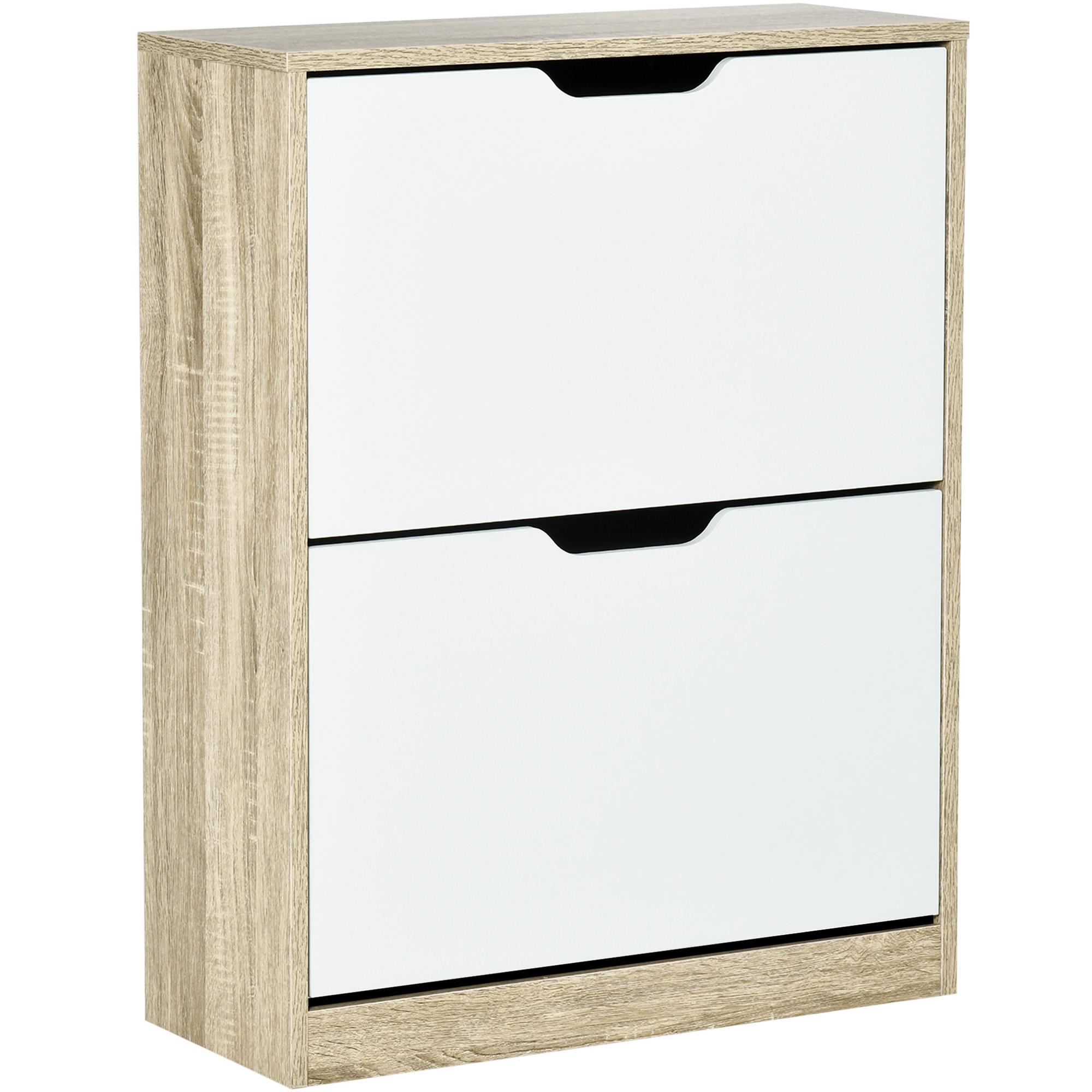 Armário para Sapatos Sapateira de Madeira com 2 Portas Abatíveis 4 Prateleiras de Armazenamento Capacidade 8 Pares de Sapatos para Entrada Corredor Dormitório 62,5x26x81cm Branco e Natural