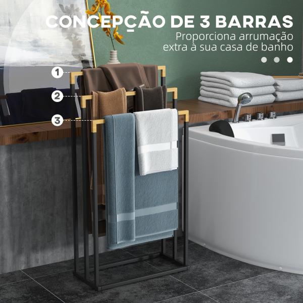 Toalheiro de Pé de 3 Níveis em Forma de Escada com 3 Barras de Bambu e Estrutura de Aço 45x22,5x86 cm Preto e Natural
