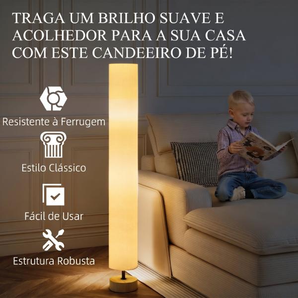 Candeeiro de Pé para Sala com Casquilho E27 Máx. 40 W, Abajur em Linho e Estrutura Metálica, 15x15x120 cm, Bege