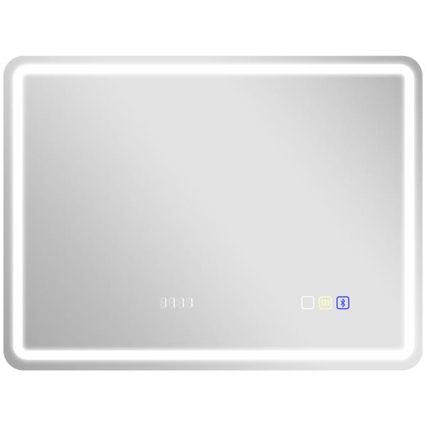 Espelho de Casa de Banho com Luz LED 80x60 cm Bluetooth 3 Cores de Luz Relógio Digital Função Antiembaciamento Memória Prata