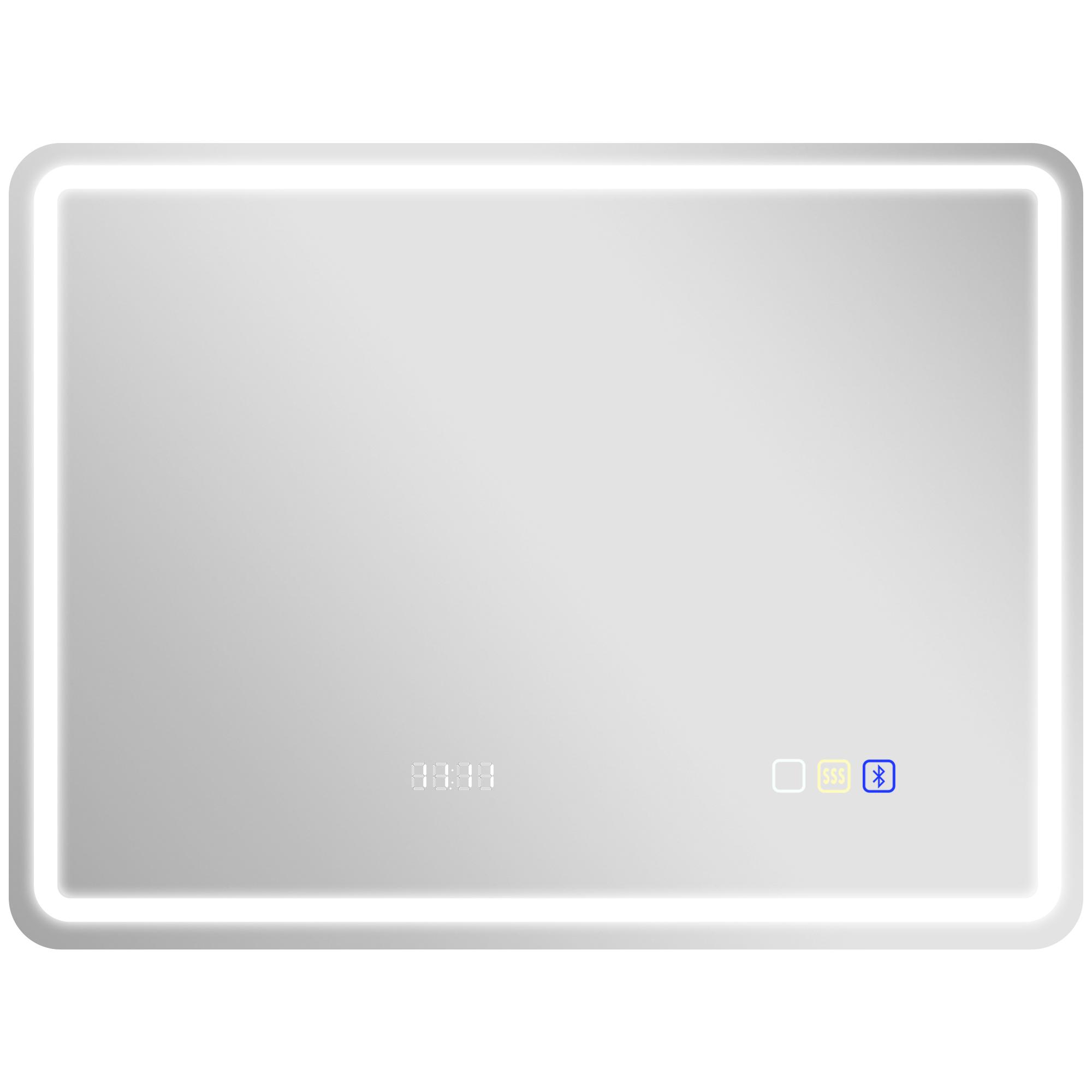 Espelho de Casa de Banho com Luz LED 80x60 cm Bluetooth 3 Cores de Luz Relógio Digital Função Antiembaciamento Memória Prata