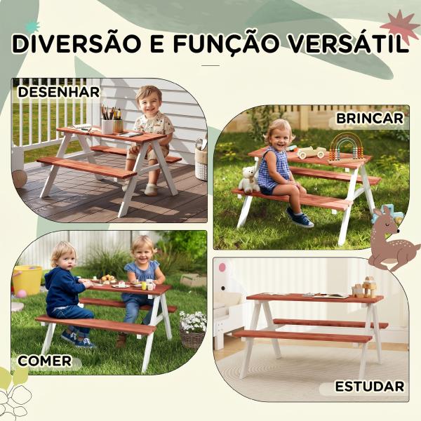 Conjunto de Mesa e 2 Bancos Infantil de Madeira Mesa de Piquenique para Crianças de 3 - 8 Anos 89x79x50 cm Marrom e Branco