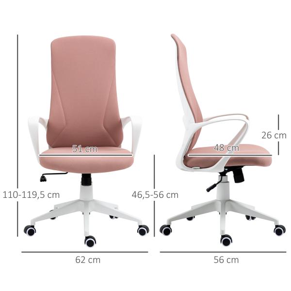 Cadeira de Escritório Ergonómica com Altura Ajustável Função de Inclinação e Encosto Alto 62x56x110 - 119,5 cm Rosa