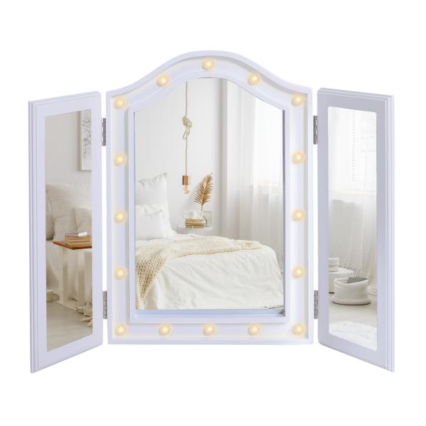 Espelho de Maquilhagem com Luz LED Dobrável Espelho Triplo de Mesa Presente Original para Mulher, 73x53,5x4,5cm