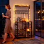 Estante de Cozinha com Três Tomadas e Luzes LED Estilo Industrial com Prateleiras para Micro - ondas 80x42x162 cm Castanho Rústico e Preto