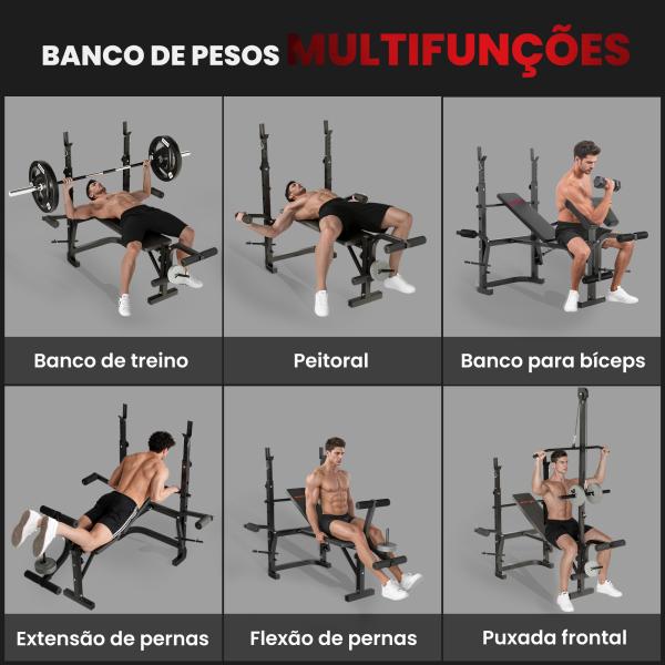 Banco de Musculação Multifuncional Inclinável Banco de Pesos com Suporte para Barra Ajustável Extensão de Pernas 106x155x202 cm Preto