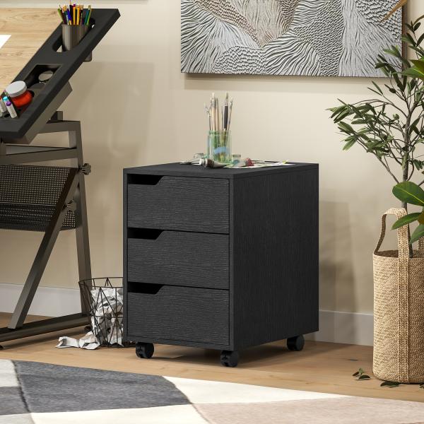 Bloco de Gavetas para Escritório Móvel de Escritório Bloco de Gavetas com 3 Gavetas e 4 Rodas 40x50x57,5 cm Preto
