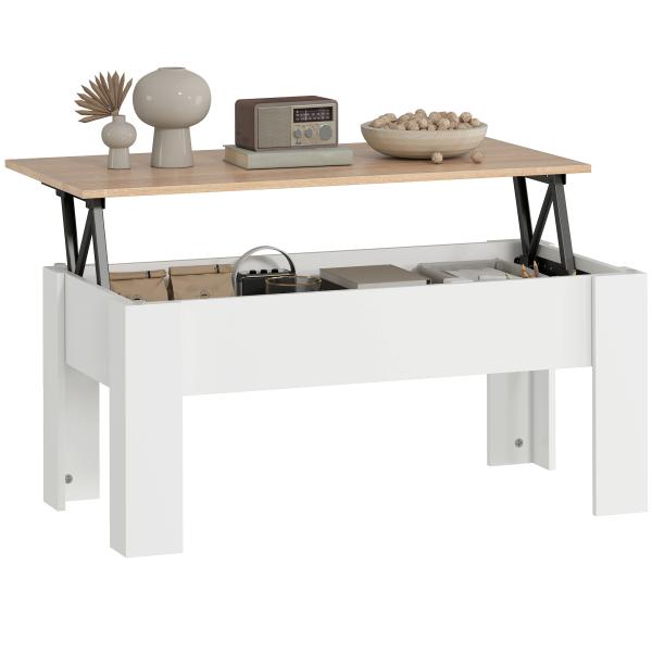 Mesa de Centro com Bancada Elevatória Compartimento Aberto e Oculto 100x50x45 - 58,5 cm Branco e Madeira