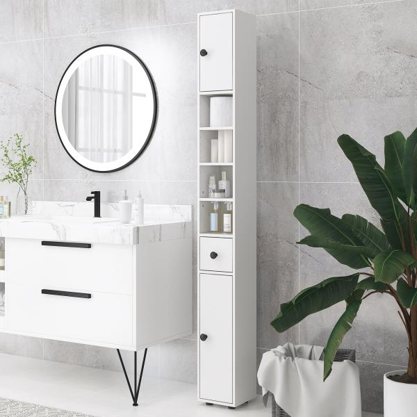 Coluna Casa de Banho Moderna com 1 Gaveta 5 Prateleiras Ajustáveis e 2 Armários 20x20x180 cm Branco