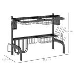 Escorredor de Louça de Aço de 2 Níveis com Suporte para Tábua Suporte para Talheres e 5 Ganchos 65x31,5x52,5cm Preto