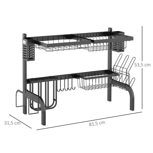 Escorredor de Louça de Aço de 2 Níveis com Suporte para Tábua Suporte para Talheres e 5 Ganchos 65x31,5x52,5cm Preto