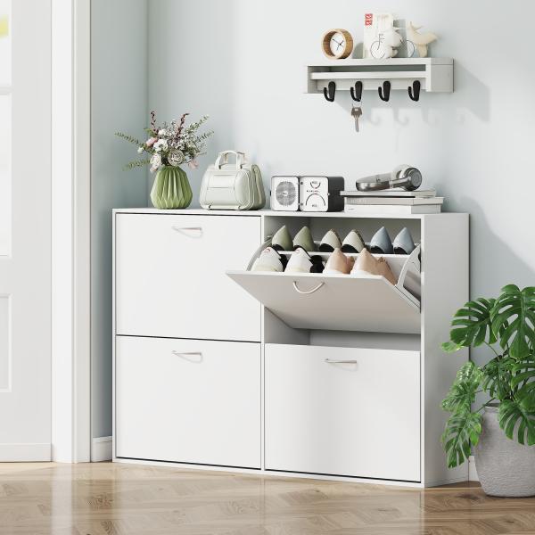 Sapateira Moderna com 4 Gavetas Abatíveis e Prateleiras Ajustáveis para 16 - 24 Pares de Sapatos 120x24x81 cm Branco