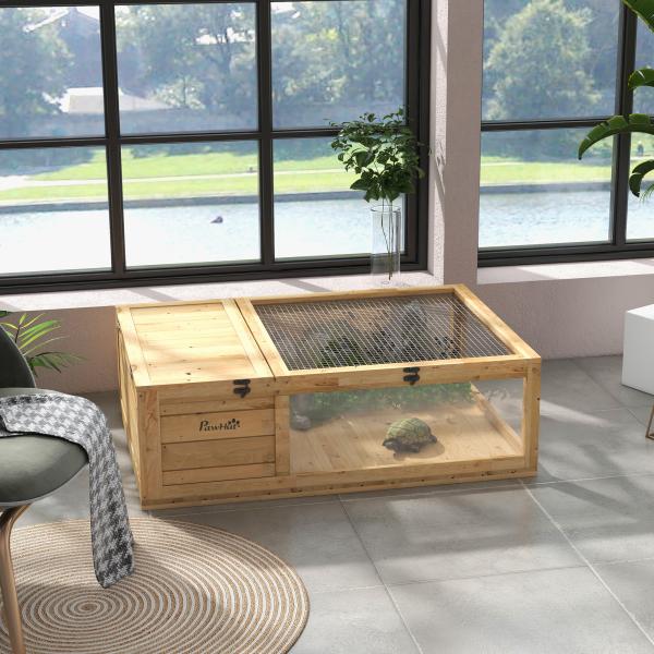 Terrario para Reptéis Casa para Tartarugas de Madeira com Painéis Laterais Transparentes e Trava 91x60,5x32 cm Madeira
