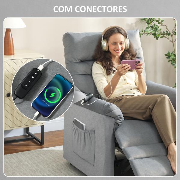 Poltrona Relax com Aquecimento Lombar e Massagem por Vibração Reclinável Função de Memória 82x99x106 cm Cinzento