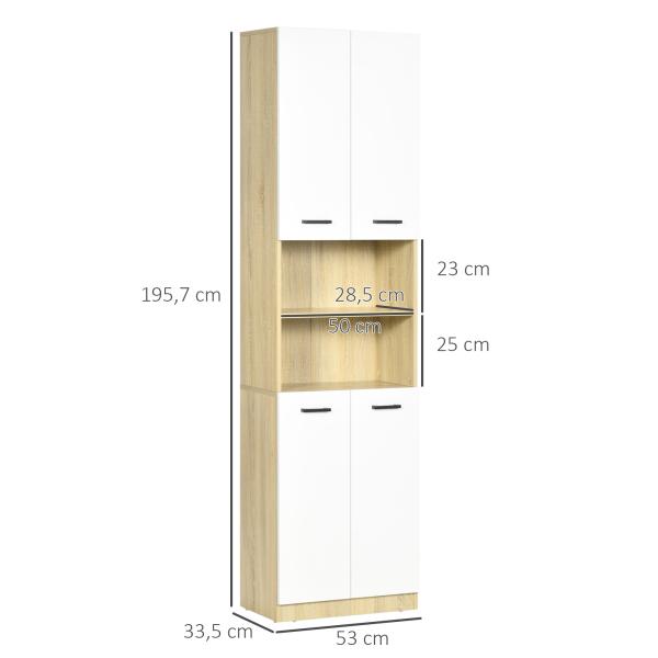 Coluna Casa de Banho Armário Alto Casa de Banho com 4 Portas 2 Prateleiras Abertas e Ajustáveis 53x33,5x195,7 cm Branco e Madeira