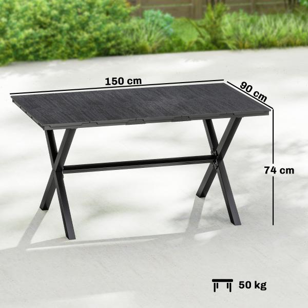 Mesa de Jantar Retangular para Jardim para 6 Pessoas com Tampo de HDPE Efeito Ripas e Estrutura Metálica 150x90x74 cm, Preto