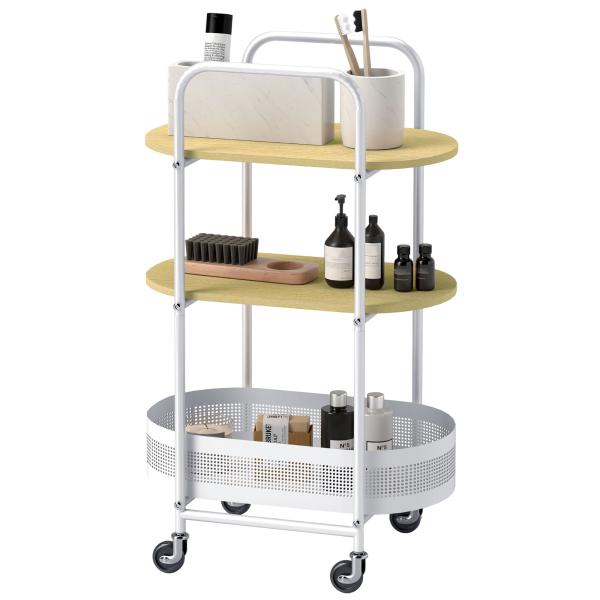 Carrinho Auxiliar com Rodas Carrinho de Cozinha de 3 Níveis com Cesta e Prateleiras 49,5x32,5x82,5 Branco e Madeira