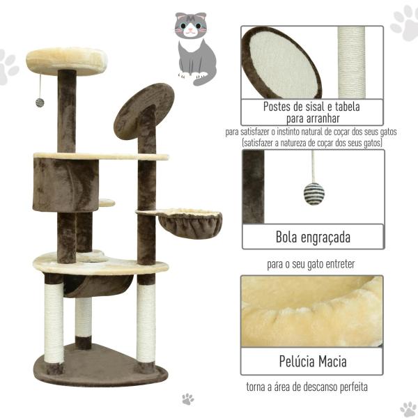 Árvore Arranhador para Gatos Grande Altura 153cm Torre de Escalada para Gatos com Caverna Redes Plataformas Postes Arranhadores de Sisal e Bola Suspensa Marrom e Bege