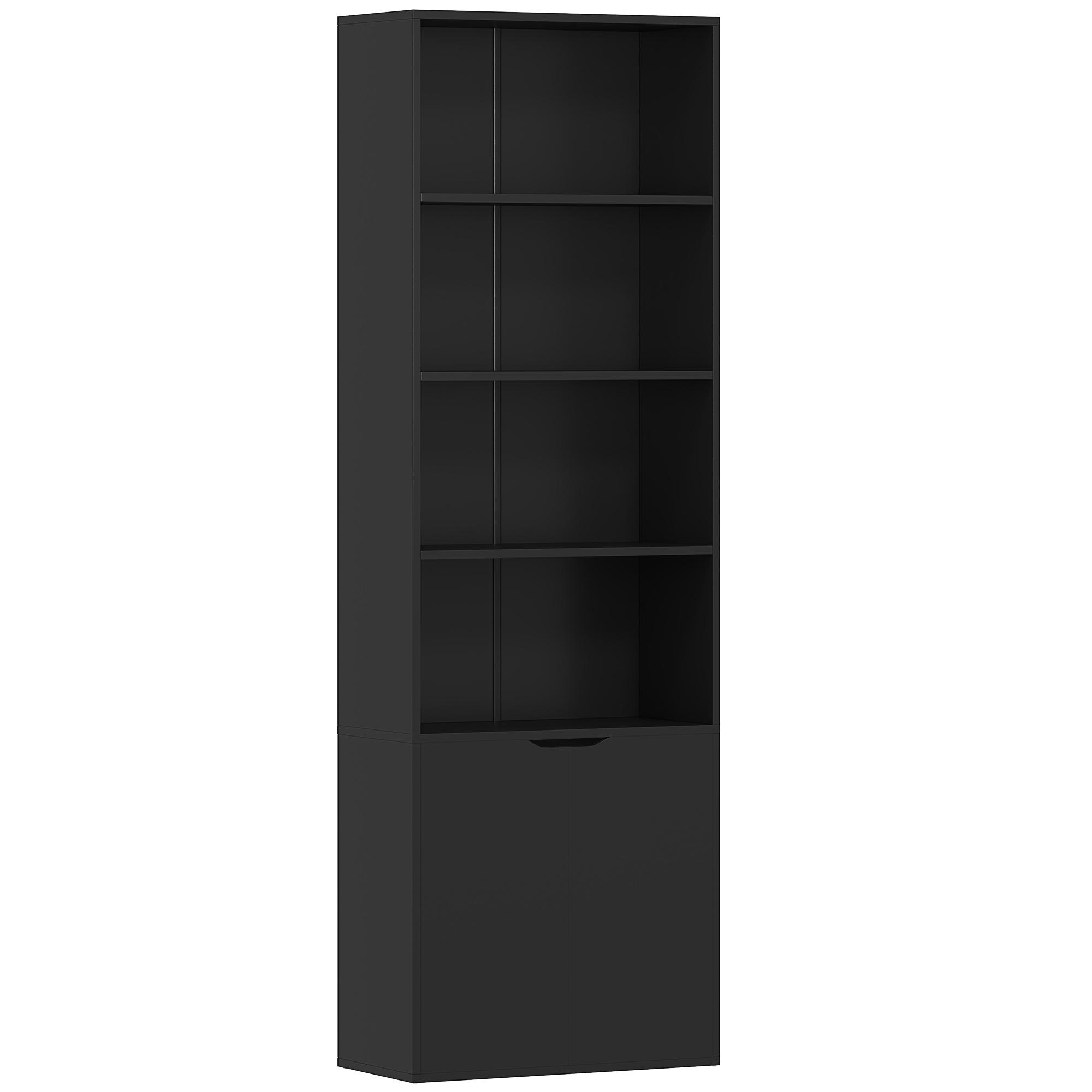 Estante para Livros de 6 Níveis Portas e 4 Prateleiras Abertas para Sala Escritório 59x29x180 cm Preto