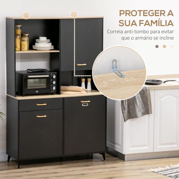Armário de Cozinha com 1 Gaveta 3 Portas e Armazenamento Aberto Estilo Moderno 119x41x180cm Preto