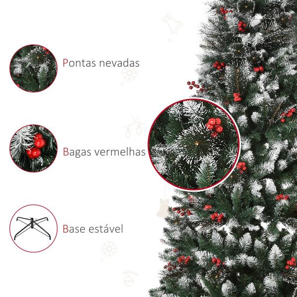 Árvore de Natal Artificial 180cm Ignífugo com 539 Ramos 51 Bagas Folhas de PVC Base Dobrável e Suporte Metálico Verde