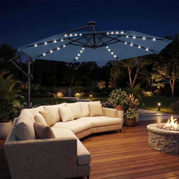 Chapéu de Sol Excêntrico com Luzes LED Solares Ø345 cm Base Cruzada Manivela Capa Protetora Azul