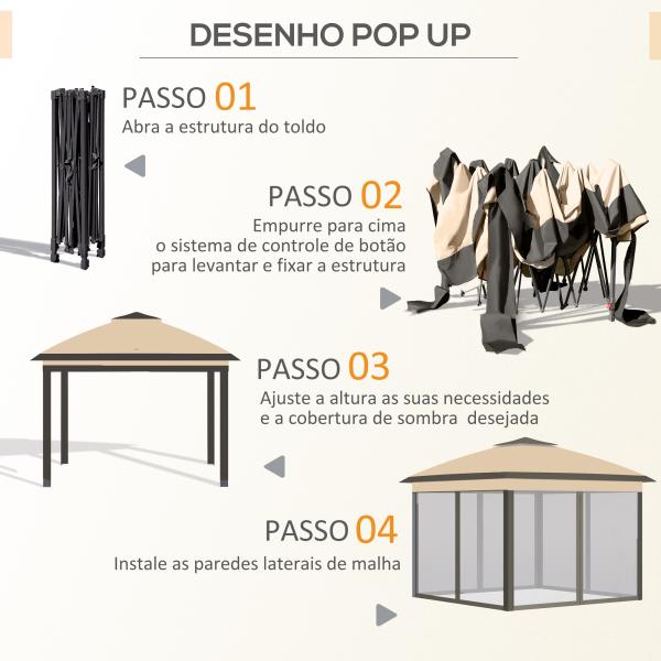 Pérgola Dobrável Exterior com Altura Ajustável Teto Duplo 4 Mosquiteiras Removíveis e Bolsa de Transporte 3,3x3,3 m Bege