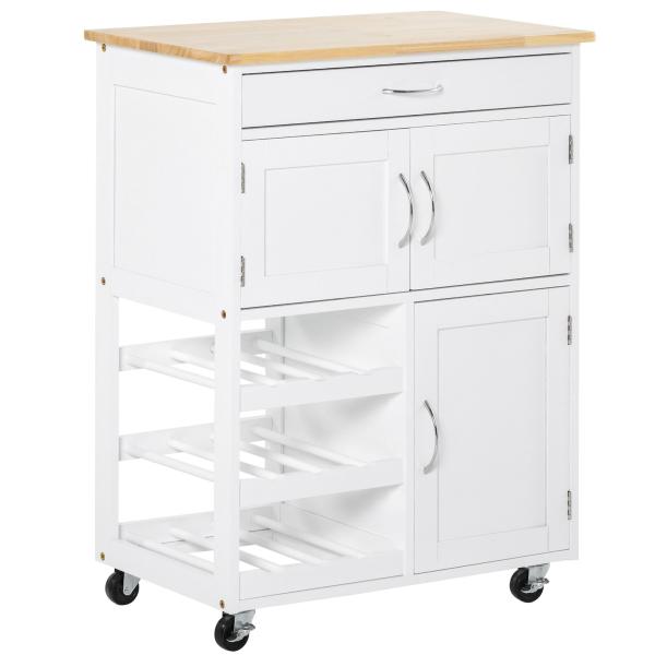 Carrinho de Cozinha com Rodas Carrinho de Cozinha com Gaveta 2 Armários de Armazenamento e 3 Prateleiras Abertas para 9 Garrafas para Sala de Jantar 67x37x87cm Branco
