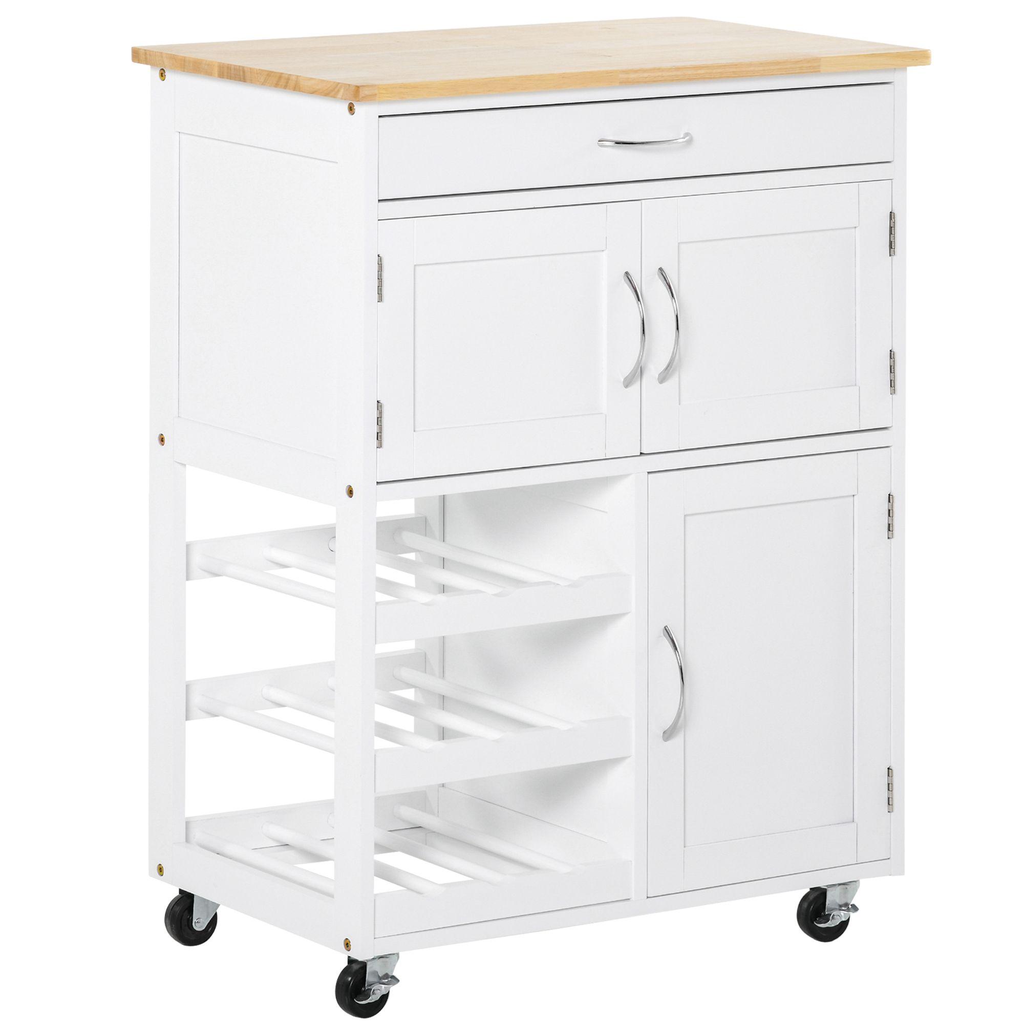 Carrinho de Cozinha com Rodas Carrinho de Cozinha com Gaveta 2 Armários de Armazenamento e 3 Prateleiras Abertas para 9 Garrafas para Sala de Jantar 67x37x87cm Branco