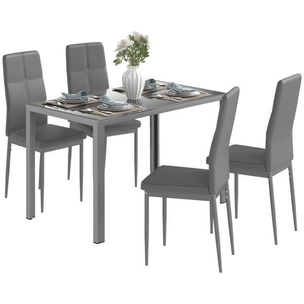 Conjunto de Sala de Jantar 5 Peças com Mesa Retangular de Vidro Temperado e 4 Cadeiras em PU Cinzento