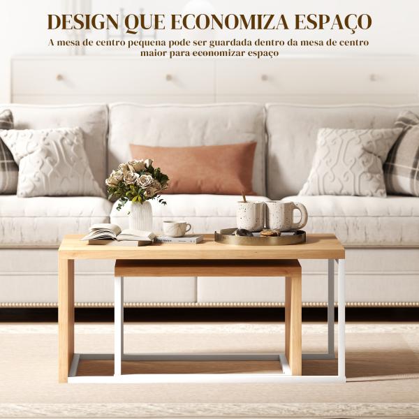 Conjunto de 2 Mesas de Centro com Pés de Metal Estilo Industrial 90x48x42 cm e 59x42x36 cm Branco e Madeira