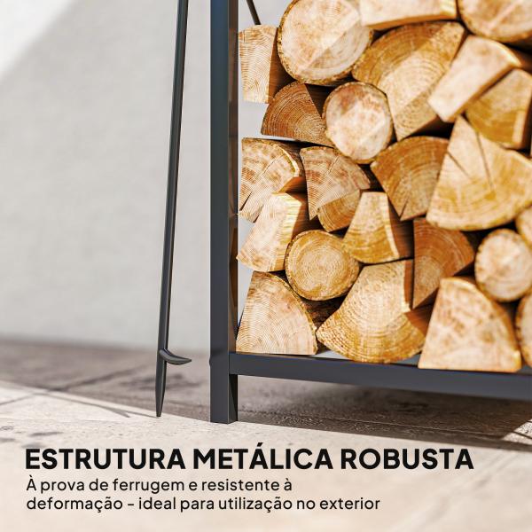 Suporte Metálico para Lenha 2 Níveis com 4 Ferramentas Ganchos e Base Elevada para Interior e Exterior 34x30x80 cm Preto