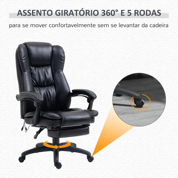 Cadeira de Escritório e Giratória Cadeira de Escritório com Altura Ajustável 6 Pontos de Massagem Controle Remoto e Apoio para os Pés Retrátil 68,5x68,5x119 - 127cm Preto