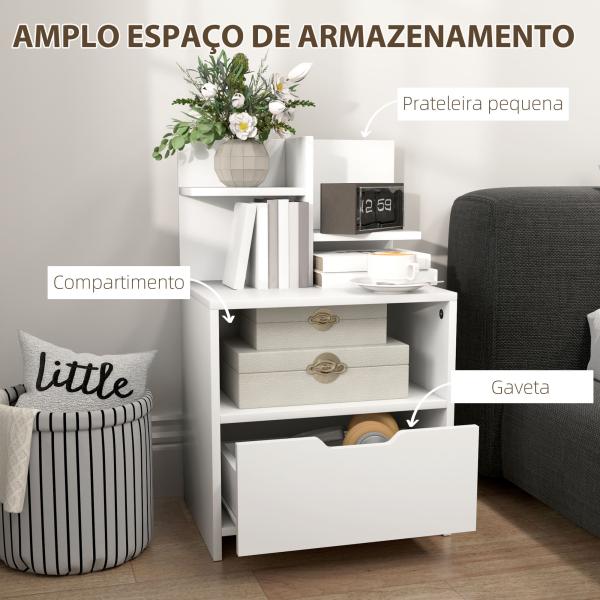 Mesa de Cabeceira de Madeira Moderna com Gaveta e Prateleiras de Armazenamento 45x35x73 cm Branco