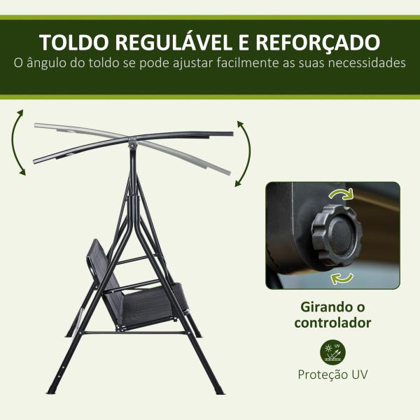 Baloiço de Jardim de 2 Lugares Baloiço com Teto Ajustável em Ângulo para Terraço Balcão Carga Máxima 200kg Aço 172x110x155cm Preto