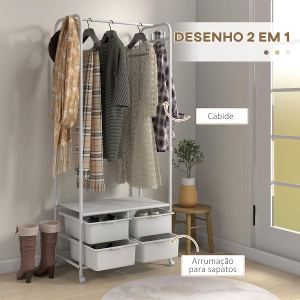 Charriot Moderno 8 Ganchos e 4 Cestos para Armazenamento Charriot com Rodas e Estrutura de Aço 63x37x153 cm Branco