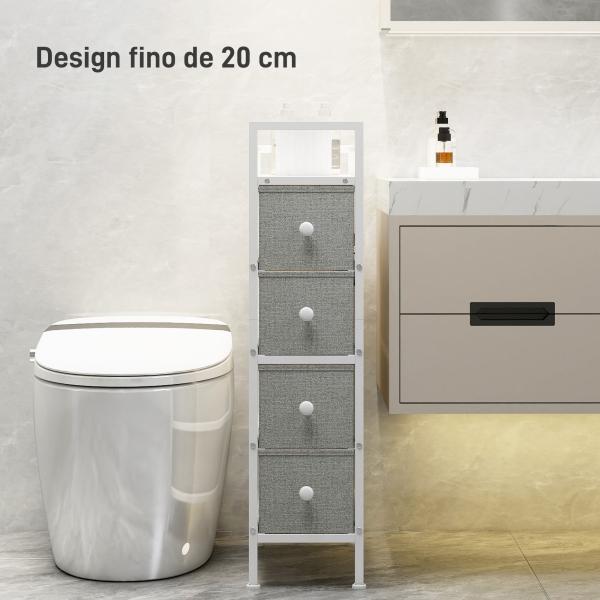 Móvel de Arrumação Estreito com 4 Gavetas de Tecido para Espaços Pequenos 20x43x81,5 cm Cinzento Claro