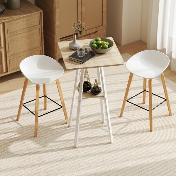 Mesa Alta de Cozinha Quadrada com Prateleira Mesa Alta de Bar para 2 Pessoas Pernas de Metal 55x55x95 cm Madeira e Branco