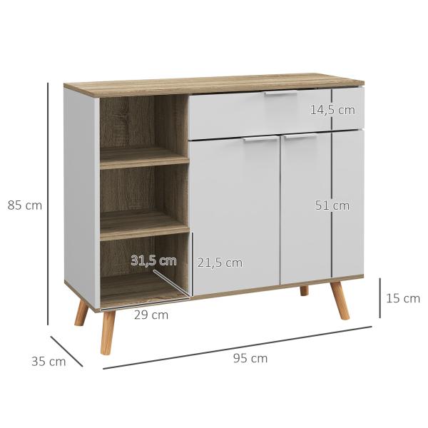 Aparador Branco para Sala de Estar com 1 Gaveta 2 Portas de Fechamento Suave e Prateleiras Ajustáveis 95x35x85 cm Madeira