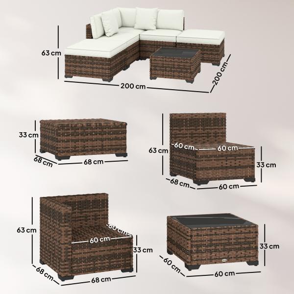 Conjunto de Jardim Exterior em Rattan de 6 Peças com Cadeira de Canto, 2 Cadeiras sem Braços, Apoio para Pés e Mesa Castanha