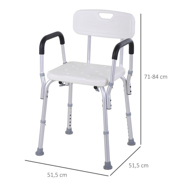 Cadeira para Duche Antiderrapante com Altura Ajustável em 6 Níveis Apoio para os Braços e Encosto 51,5x51,5x71 - 84 cm Branco