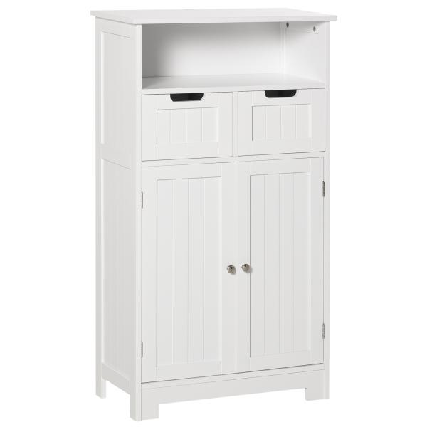 Kleanklin Armário de Casa de Banho com 2 Portas Prateleira Ajustável 2 Gavetas e Compartimento Aberto Móvel Auxiliar de Armazenamento para Sala de Estar Cozinha 60x30x108,8cm Branco