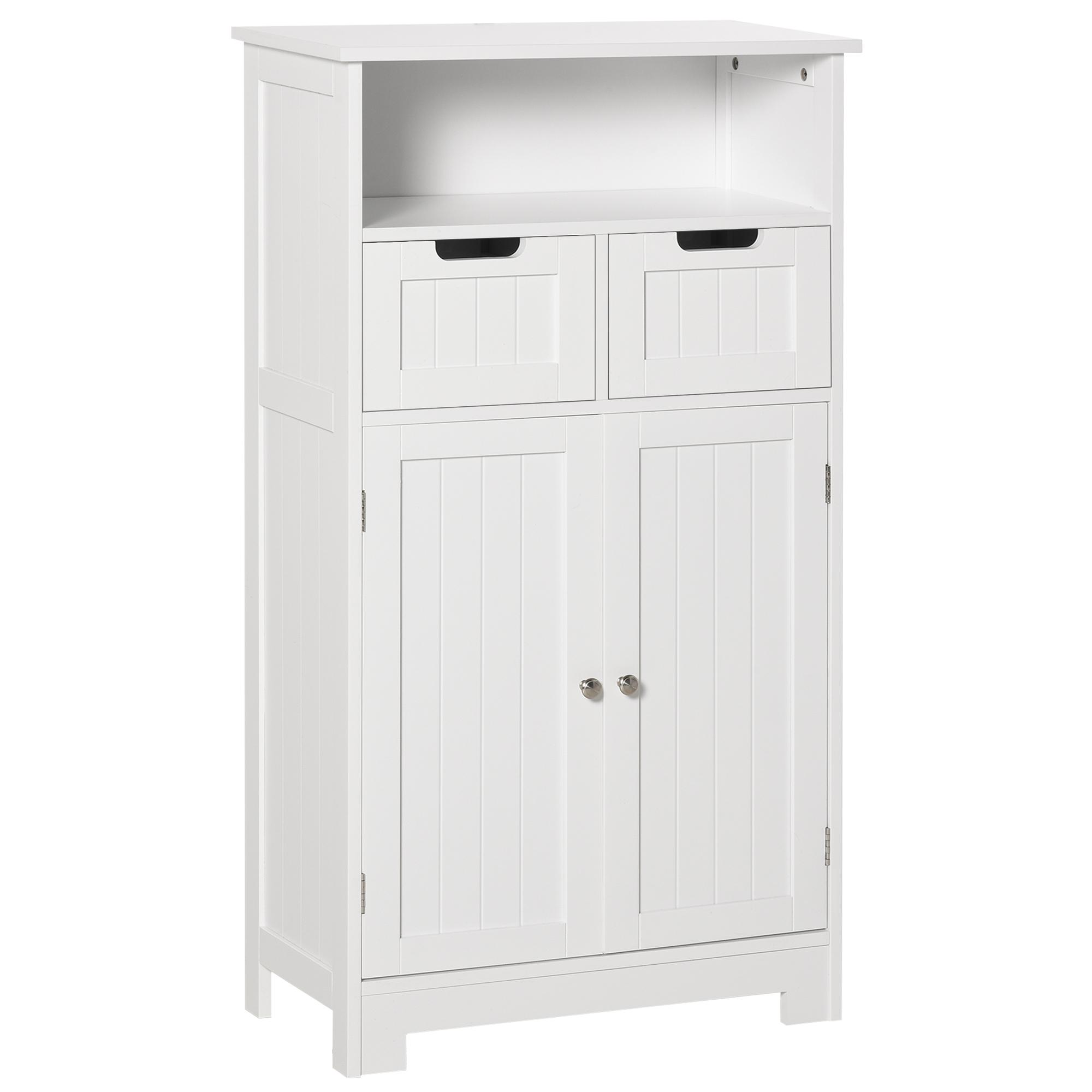 Kleanklin Armário de Casa de Banho com 2 Portas Prateleira Ajustável 2 Gavetas e Compartimento Aberto Móvel Auxiliar de Armazenamento para Sala de Estar Cozinha 60x30x108,8cm Branco