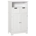 Kleanklin Armário de Casa de Banho com 2 Portas Prateleira Ajustável 2 Gavetas e Compartimento Aberto Móvel Auxiliar de Armazenamento para Sala de Estar Cozinha 60x30x108,8cm Branco