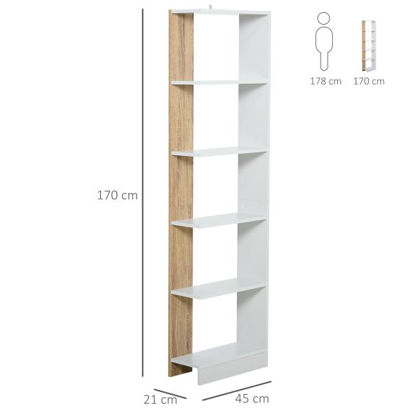 Estante de Armazenamento com 5 Prateleiras Estante Multiuso para Escritório 45x21x170cm Branco e Carvalho