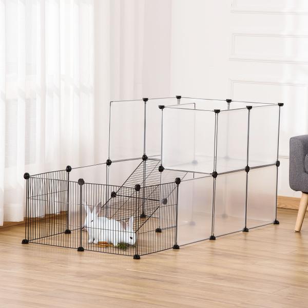 Recinto para Animais Pequenos com 27 Painéis e Forma Personalizável 140x70x70 cm Transparente e Preto