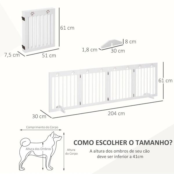Barreira de Segurança Dobrável para Cães Grade de Proteção de 4 Painéis com Pés para Portas Escadas Corredor 204x30x61cm Branco